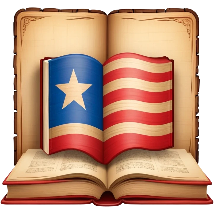 Timeless book with Puerto Rican flag design, theater stage symbol carved in wood, parchment and wooden textures, warm tones with a subtle glow, representing the history of scenic design emoji