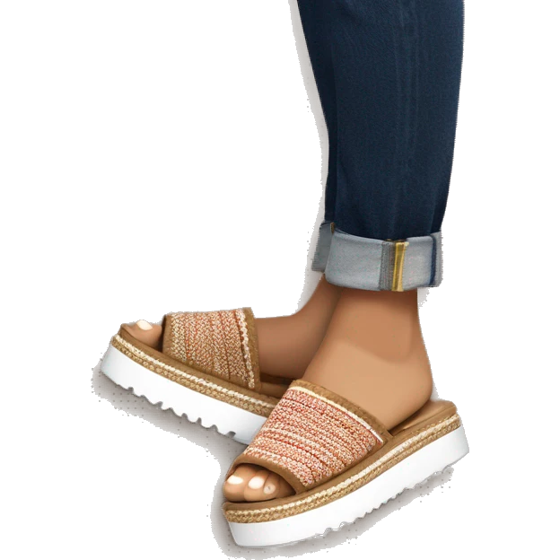 Camel color, very chunky platform, slip-on UGG slippers. Very thin red and white woven zig-zag trim line detail on the cuff emoji
