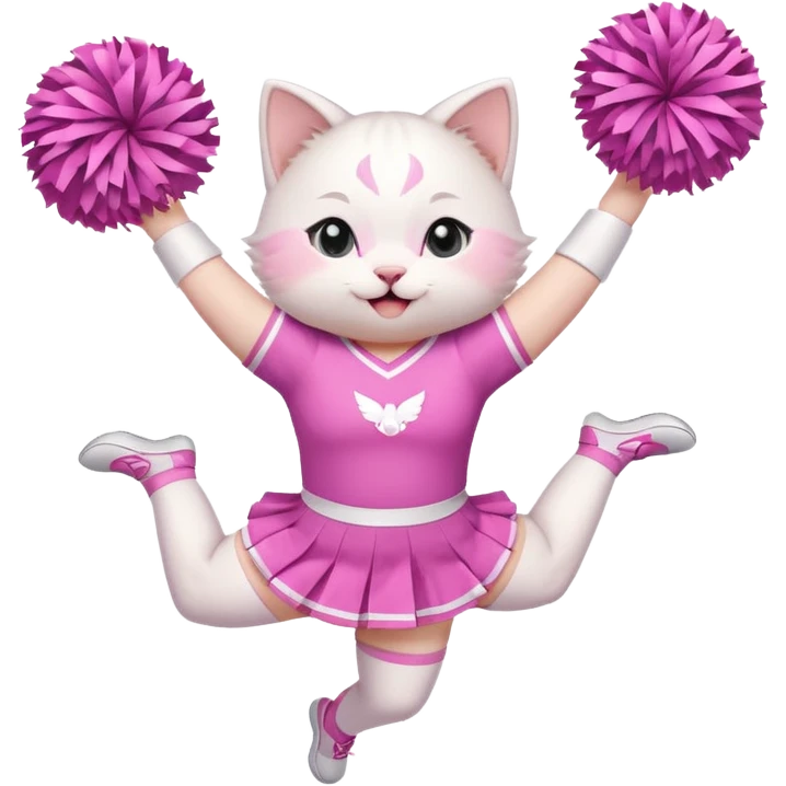 A cute chubby white kitten cheerleader in pastel uniform jumping in cheer pose. emoji