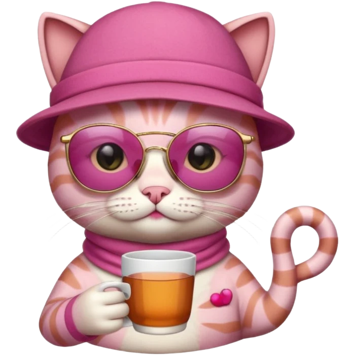 Pink cat with hat, holding cup of tea, wearing sunglasses emoji
