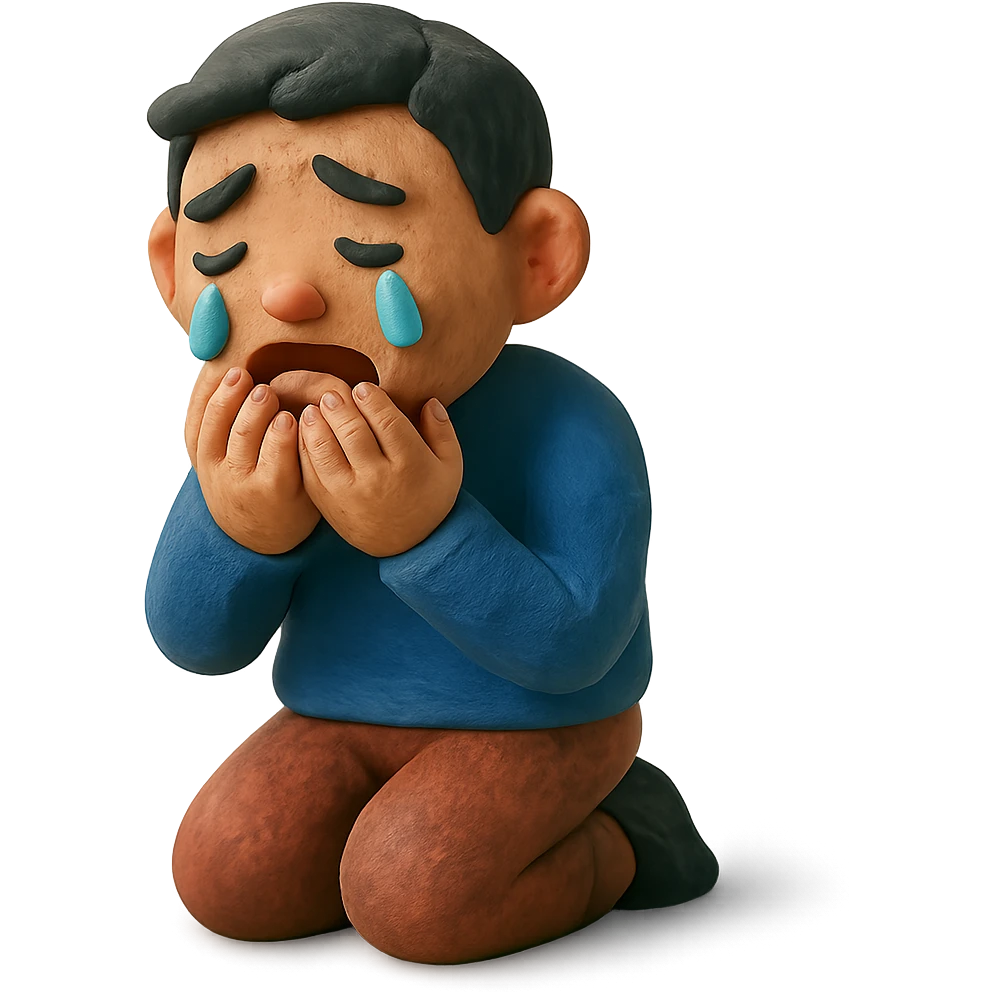 claymation style sad Asian man kneeling, crying emoji