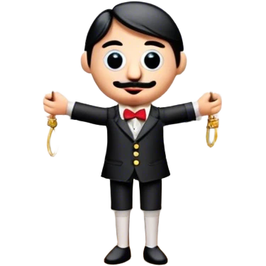Icon for Puppet Theater: a puppet on strings with theatrical curtains in the background, along with a small stage and dramatic lighting. The icon should represent the whimsical and artistic nature of puppet performance. Transparent background. emoji