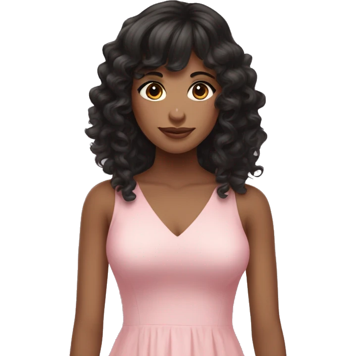 Fair skinned woman with long black curly hair and bangs and dark brown eyes, wearing a pastel pink dress emoji
