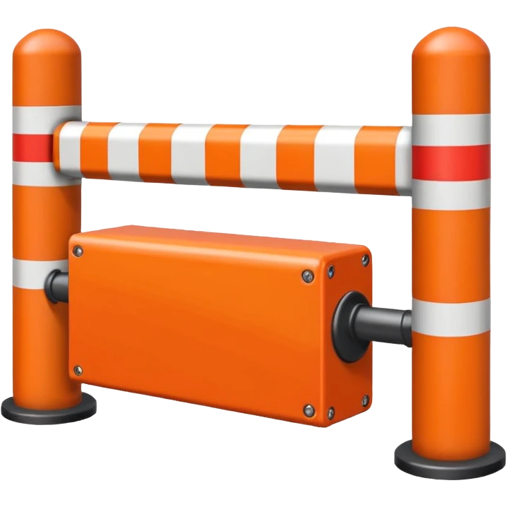 Flat emoji-style icon of a boom barrier.
Orange control box.
Red and white striped barrier arm coming out of the box.
Box is solid orange only, arm is red-white only.
NOT gates, NOT fence, NOT fully red-white barrier. emoji