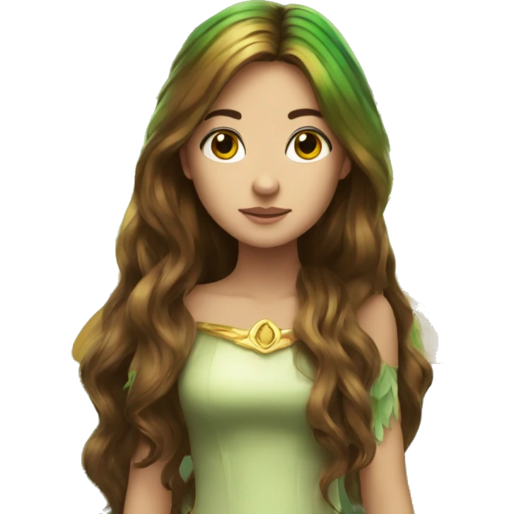 Beautiful, fairy, gold, brown, dark green, green, long hair, big wings emoji