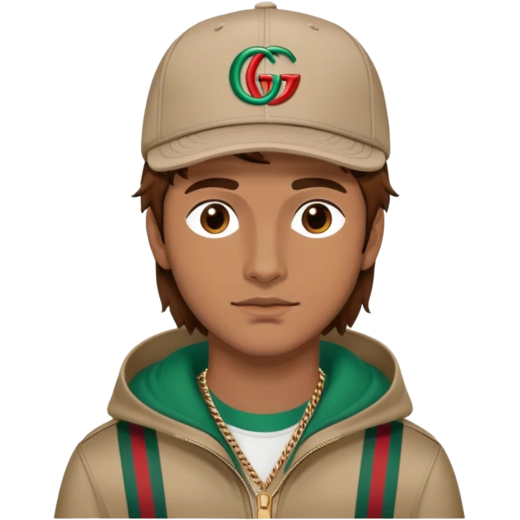 man with medium-length brown hair, wearing a Gucci cap emoji