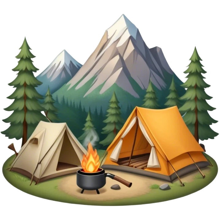 Icon for Hiking: a tent, and a kettle over a campfire, surrounded by trees and a mountain trail, a backpack, a walking stick. The icon should capture the adventure and warmth of camping. Transparent background. emoji