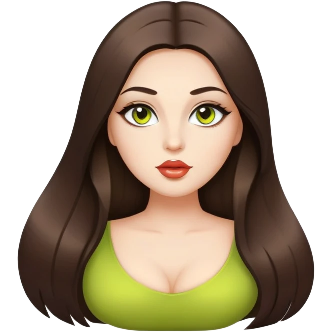 Curvy but beautiful brunette girl, chartreuse eyes, pin straight super long hair, modern style and glossy lips emoji