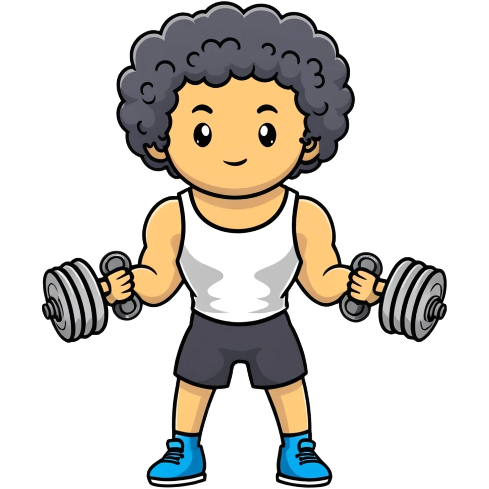 curly haired boy at gym with dumbbells emoji