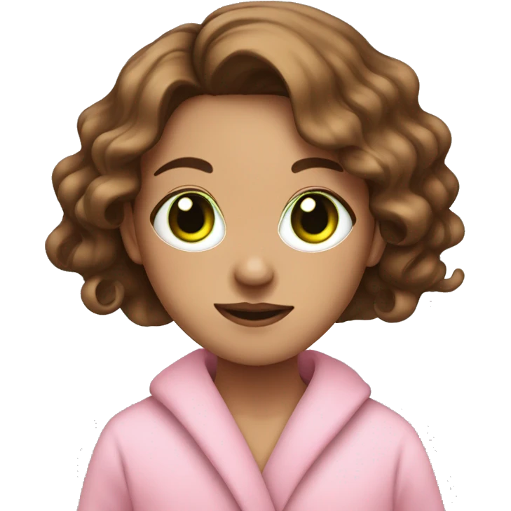 Green eyed girl with brown wavy hair with a pink dressing gown on and a facemask emoji