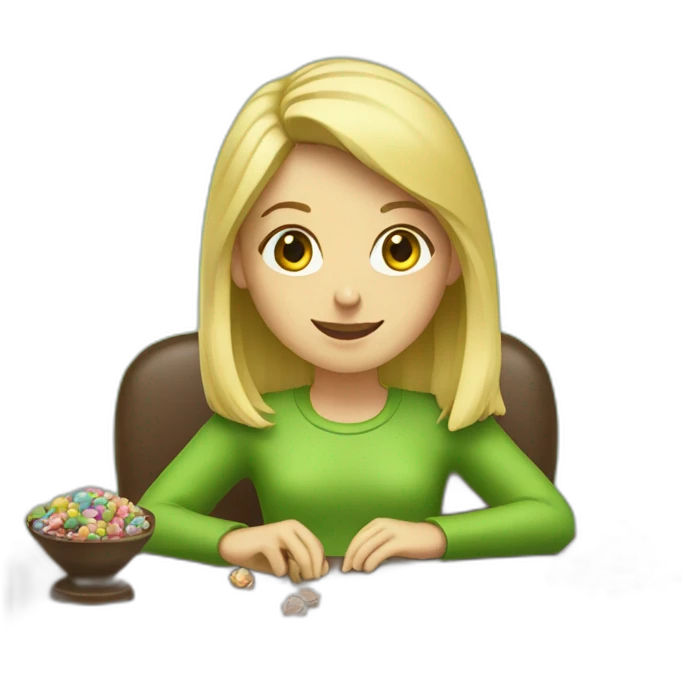 Girl with blonde hair sitting at a desk wrapping chocolate candies with solid green background emoji