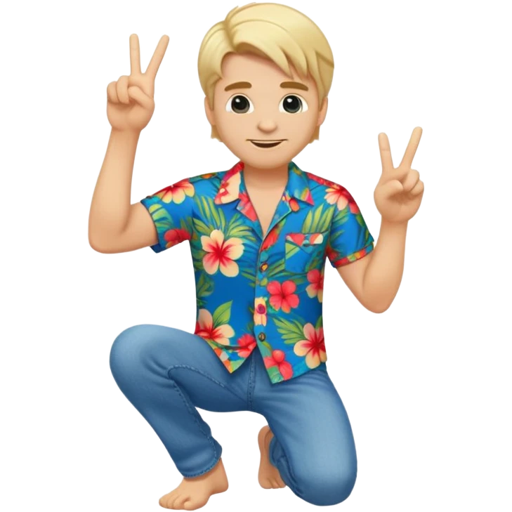 Full body emoji of a Blonde man with swooshing hair and no facial hair, crouching giving one peace sign while smirking in a Hawaiian shirt and jeans emoji