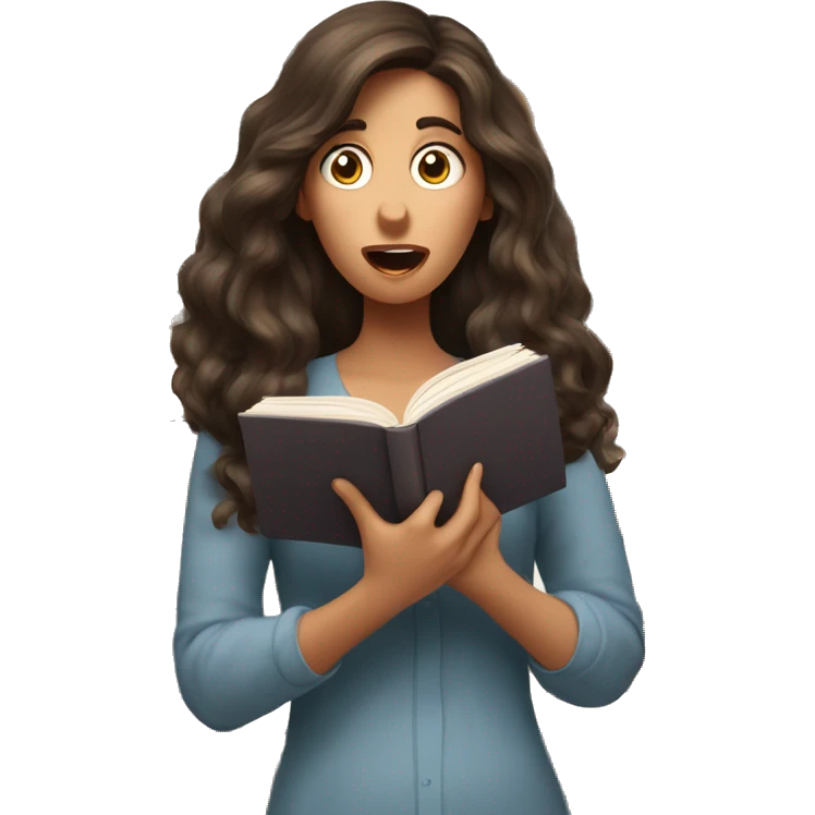 brunette long wavy hair woman shocked face while holding and reading book emoji