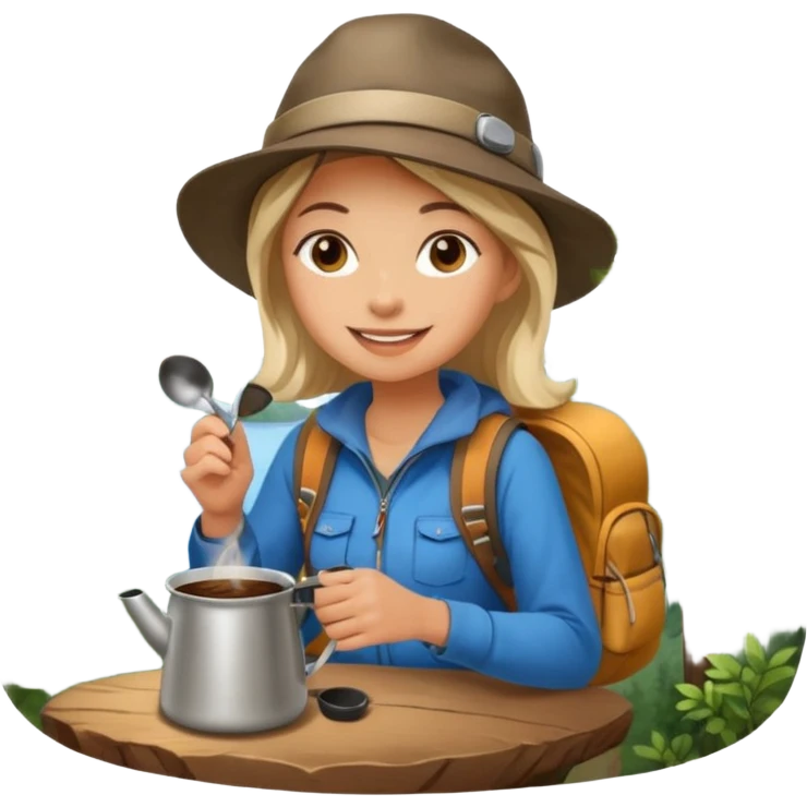 A cheerful female camper brewing coffee in a small metal pot sitting emoji