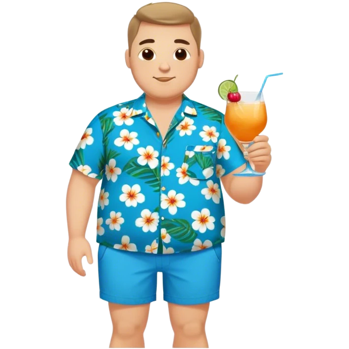 chubby guy full figure in a flowered azure havai shirt, brown shorts and flippers holding a cocktail emoji