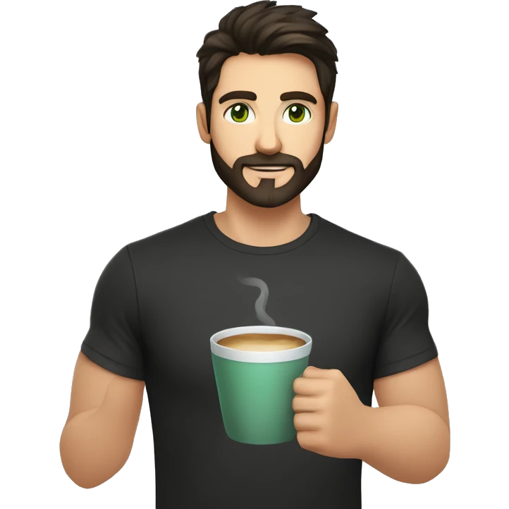 Handsome man with dark hair, holding an cup of coffee, gradient short hair on the side, green eyes. Thin face. Black t-shirt. A little beard. emoji