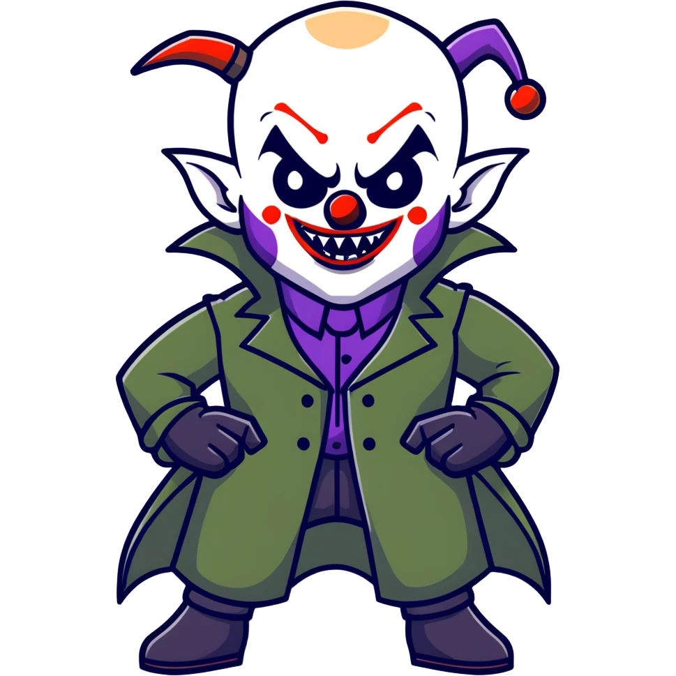 evil clown warrior, bald, small black horns on forehead, fangs, pointed ears, eye patch over one eye, long coat over black and military green leisure suit with bellbottom pants, tail, holding a whip, no knife, realistically proportioned, less bulky, full body visible, battle-ready fighting posture emoji
