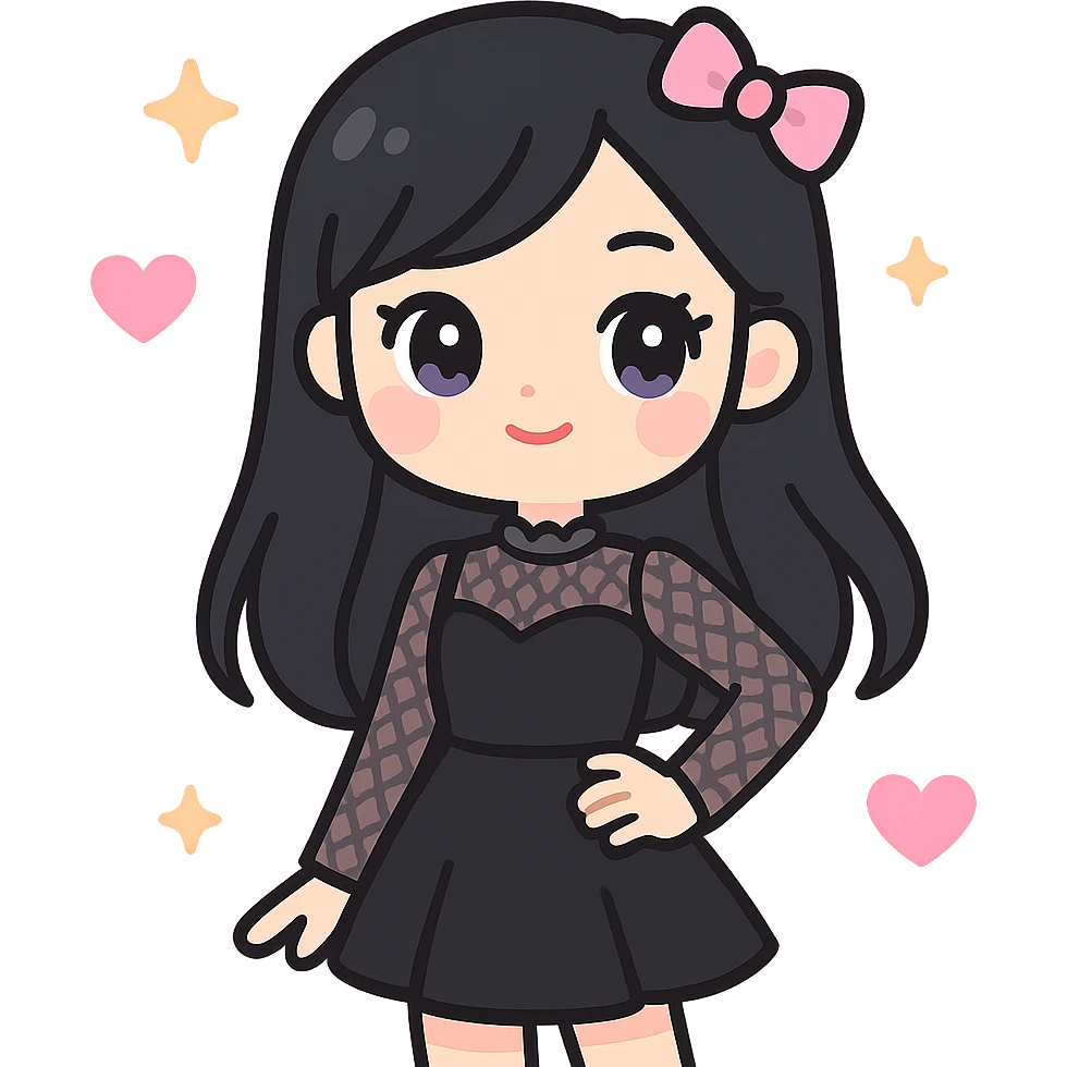 Transform the image into a K-pop inspired gothic girl with a stylish stage outfit, trendy hair, and a confident pose. Preserve the transparent background. Style should reflect K-pop gothic fashion with edgy and fashionable elements. emoji