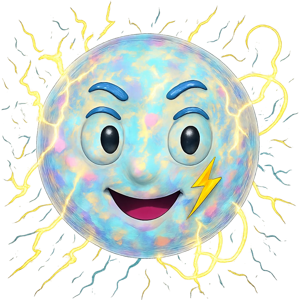 Make the Uranus emoji more eccentric with an opal-like iridescent texture. Add wild, electric, chaotic energy and a playful, unconventional face. Keep the background transparent. emoji
