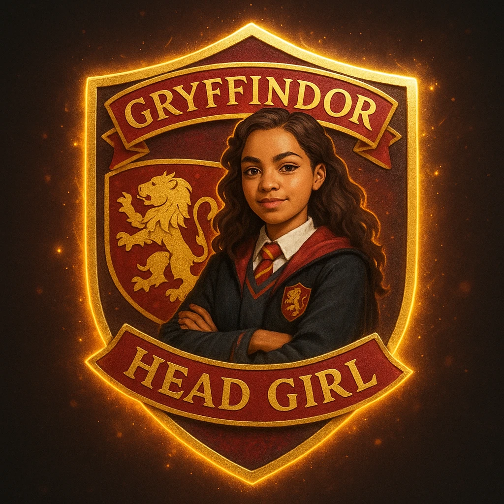 A badge for the head girl of Gryffindor, featuring a confident young witch in Gryffindor robes, a lion icon, and the house's signature red and gold colors, with a magical glow. emoji