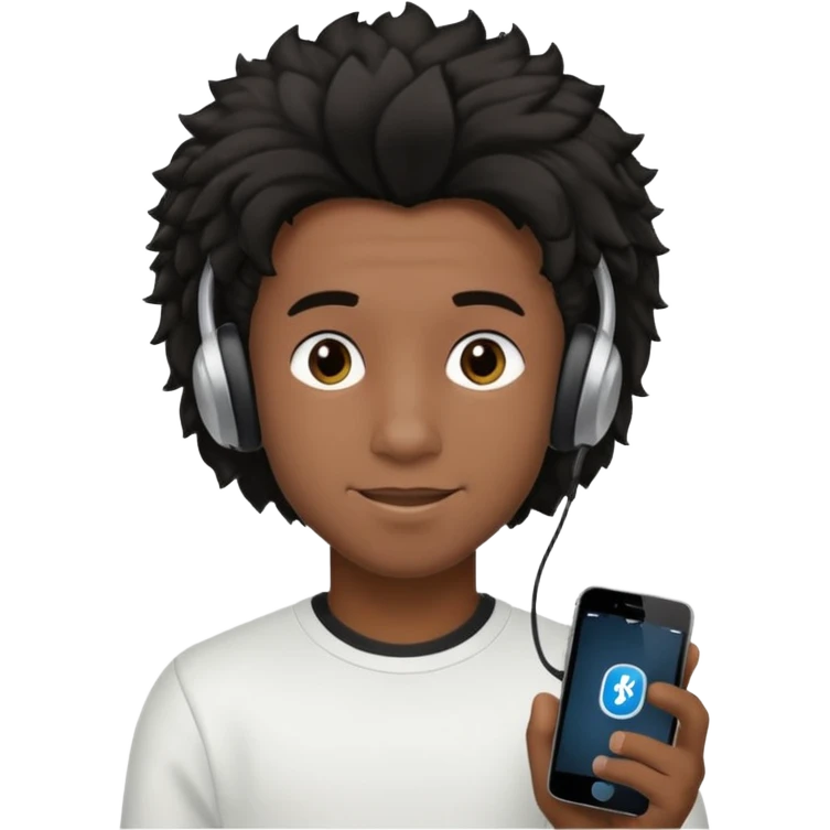 Faça um garoto adolescente de cabelo cacheado preto médio sorrindo, com fones de ouvido Bluetooth e um moletom branco emoji