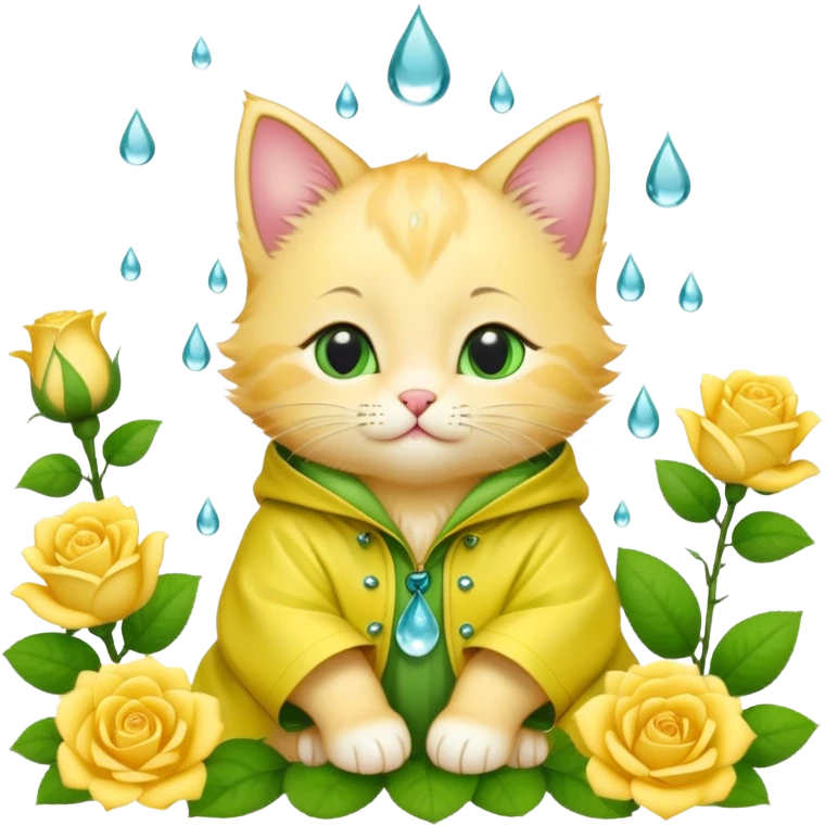 A soft green kitten with raindrop patterns, a rose tucked behind one ear, wearing a yellow raincoat, sitting among blooming flowers. emoji