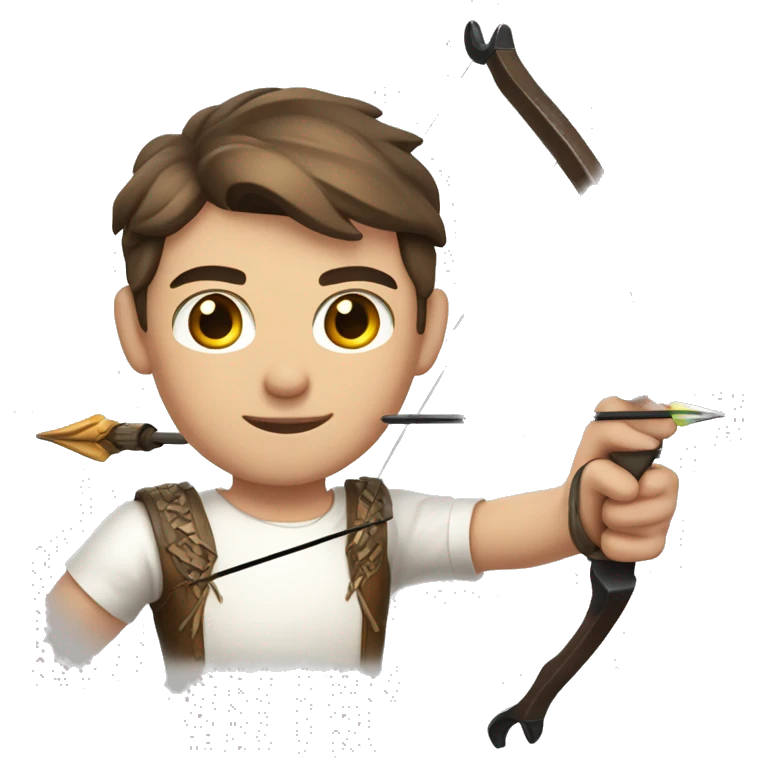 a male archer with a bow, wearing a white shirt, very short brown hair, bright skin, only show upper part of the body from waist up emoji