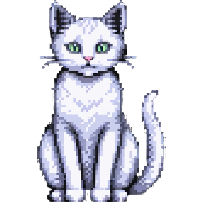 pixel art cat sitting with curled tail, minimal outlines, retro style emoji