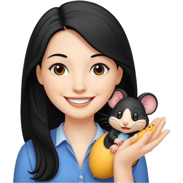 white woman with long black hair, smiling with mouse emoji
