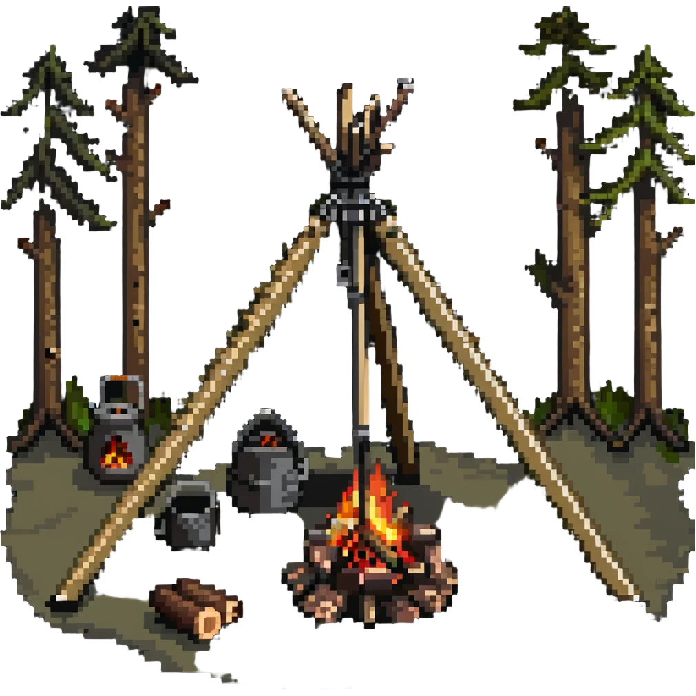 bushcraft wilderness campfire with tripod cooking setup and log seats emoji