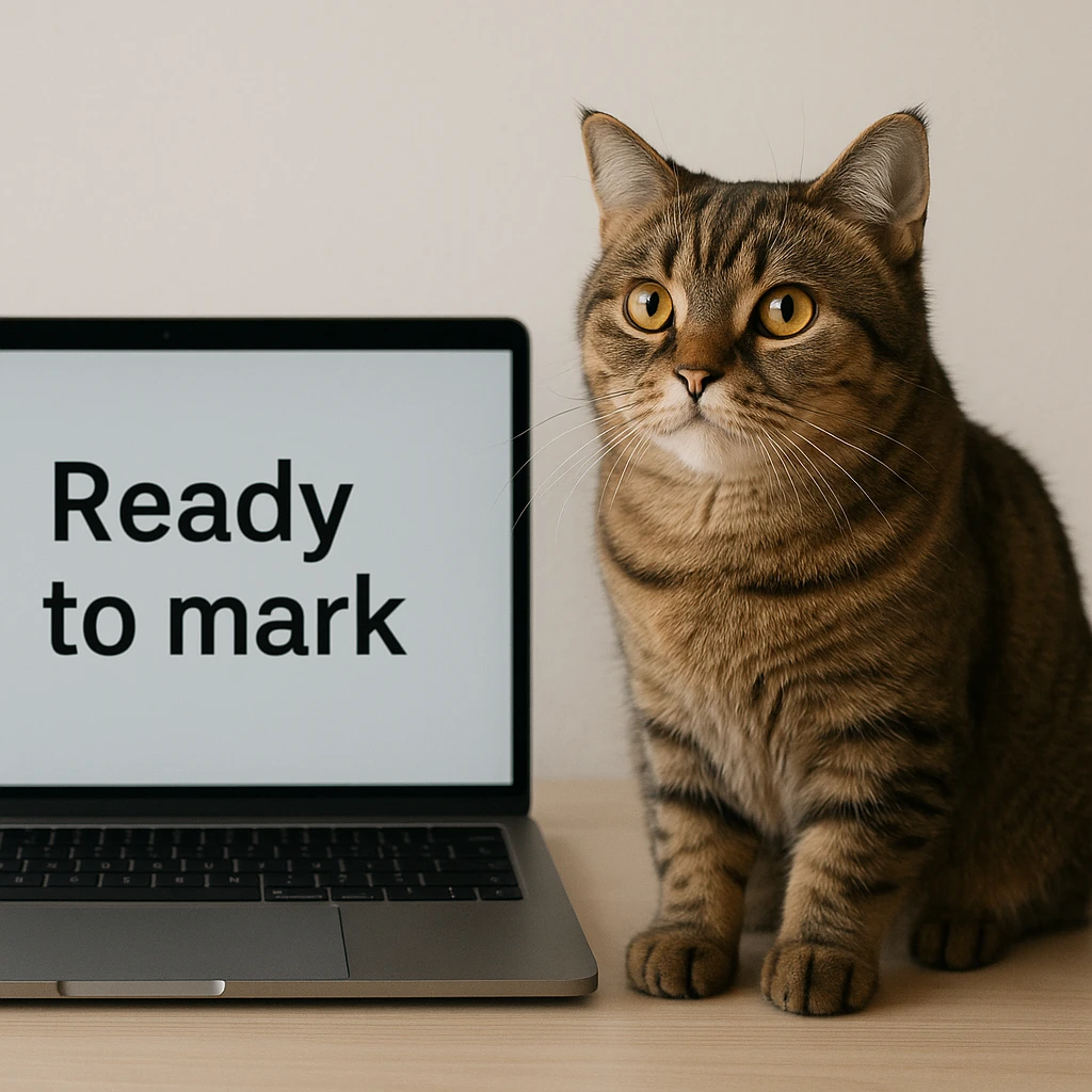 A cat sitting next to a computer with the inscription 'Ready to mark' emoji