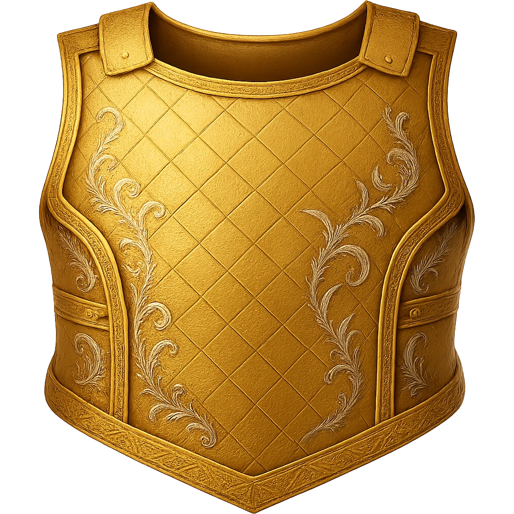 Recolor this armor to a plated gold color with ornate engravings inlaid with silver. The gold should be rich and metallic, and the engravings should have a bright, reflective silver finish. Keep the exact shape and proportions of the original armor. Transparent background. The original style is armor illustration. emoji