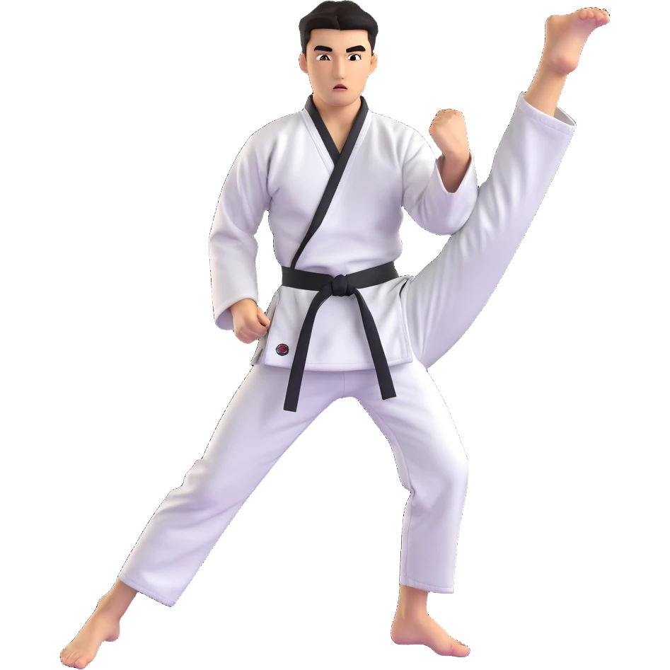 Taekwondo fighter in a dynamic kicking pose, wearing a traditional dobok uniform, black belt, intense focus emoji