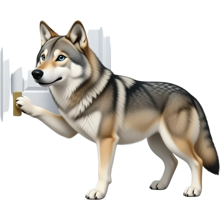 lobo de pie picando una puerta pero que este mirando un poco tocando 1 puerta emoji