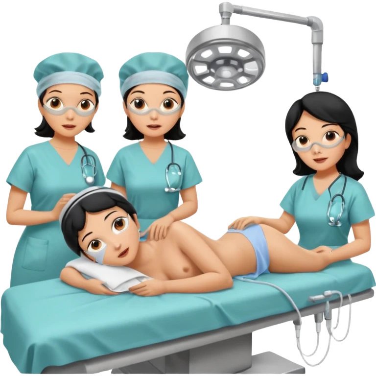 A colonoscopy procedure in progress in a clean operating room, featuring a black-haired woman in her 50s lying on an examination bed, with three doctors wearing surgical caps, masks, and gowns performing the procedure. emoji