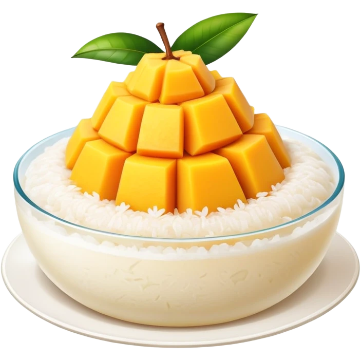 cinematic-realistic-mango-sticky-rice-dessert-emoji,-showcasing-sweet-sticky-rice out of a mould-paired-with-ripe-mango-slices-and-coconut-milk-rendered-with-lifelike-detail-and-warm,-inviting-lighting with the coconut  milk over the rice emoji
