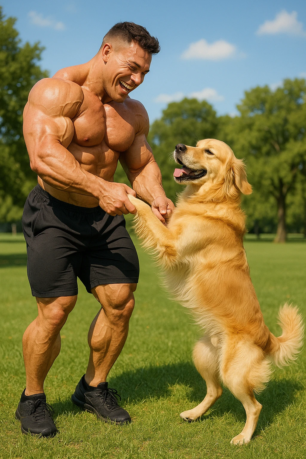 Bodybuilder che balla con un golden retriever emoji