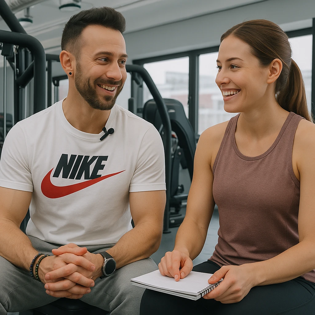 Personal trainer in a gym, inspired by the person in the reference photo, discussing a workout plan with a smiling client, in a positive atmosphere. emoji