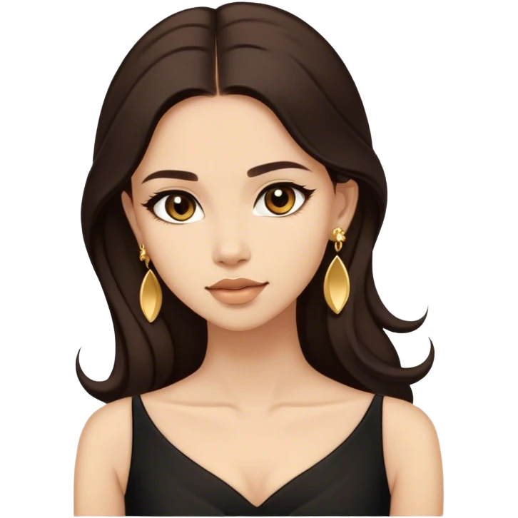 Beautiful woman,cute, long dark brown hair in dark dress with gold earrings emoji