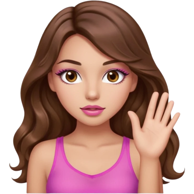 girl with long wavy brown hair, brown eyes, light to medium complexion, in a pink sexy top, pink lips, long lashes, silent motion with the hand emoji