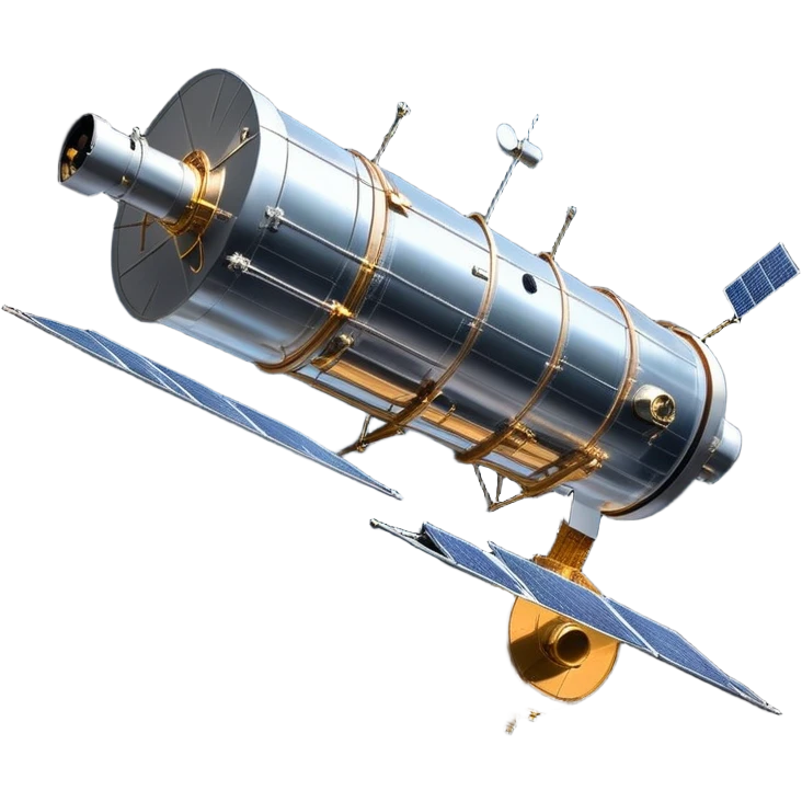 cinematic-realistic-hubble-space-telescope-emoji, an awe-inspiring, ultra-detailed depiction of the Hubble Space Telescope floating in space, its large, reflective metallic surface gleaming against the backdrop of the infinite blackness. The telescope's vast solar panels extend outwards, catching the light from distant stars, while its intricate, cylindrical body showcases advanced, precise engineering. The telescope's large, hexagonal lens is pointed towards the cosmos, surrounded by mechanical components, wires, and sensors. The detailed textures of the telescope’s metallic exterior, the shiny reflective coating, and the intricate grid-like solar panels are sharply contrasted against the void of space, with distant stars and nebulae faintly visible in the background, adding to the sense of scale and technological marvel; rendered with extreme realism and attention to detail. emoji