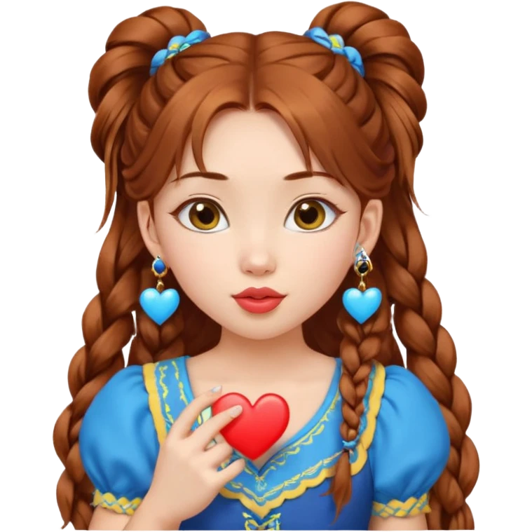 A cute ukrainian girl, looks slightly mongolian with full lips, with long auburn hair two side ponytails plaited, has heart earrings in the ukrainian yellow and blue, and is wearing her little black dress, she is blowing a kiss. emoji