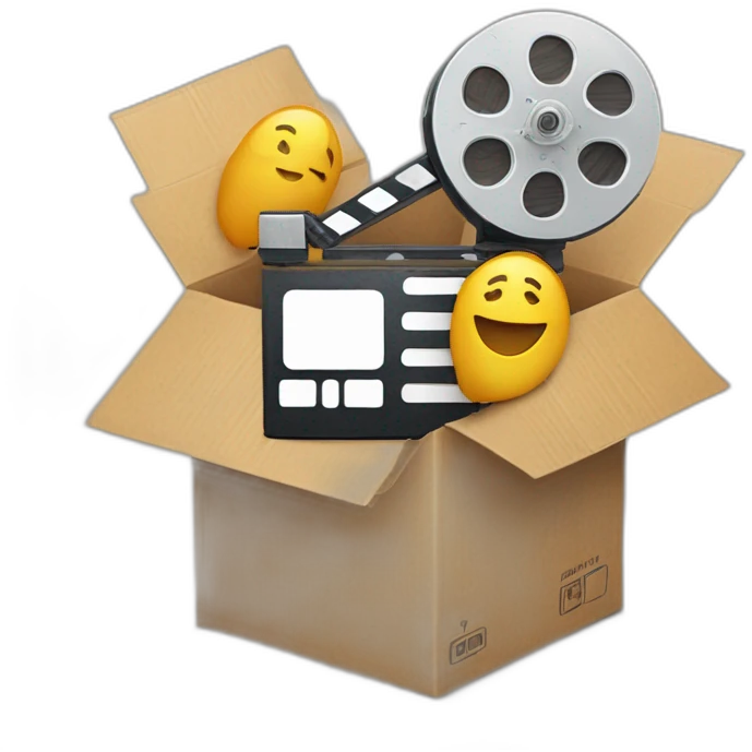 Video icons, movie camera, film, play, logos, likes, thumbs up, marks, views, coverage, applause fly out of a Cardboard box emoji