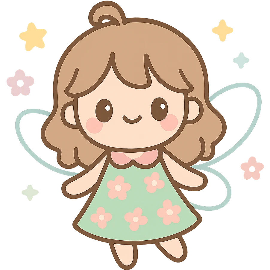fairycore girl with light brown hair, wearing a green and pink floral dress, translucent fairy wings, magical atmosphere emoji