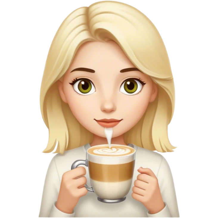 A blondie girl with olive eyes enjoying her latte emoji