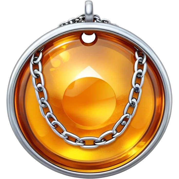 extreme close up of a round cut holographic amber charm with silver metal accent and chunky chain emoji