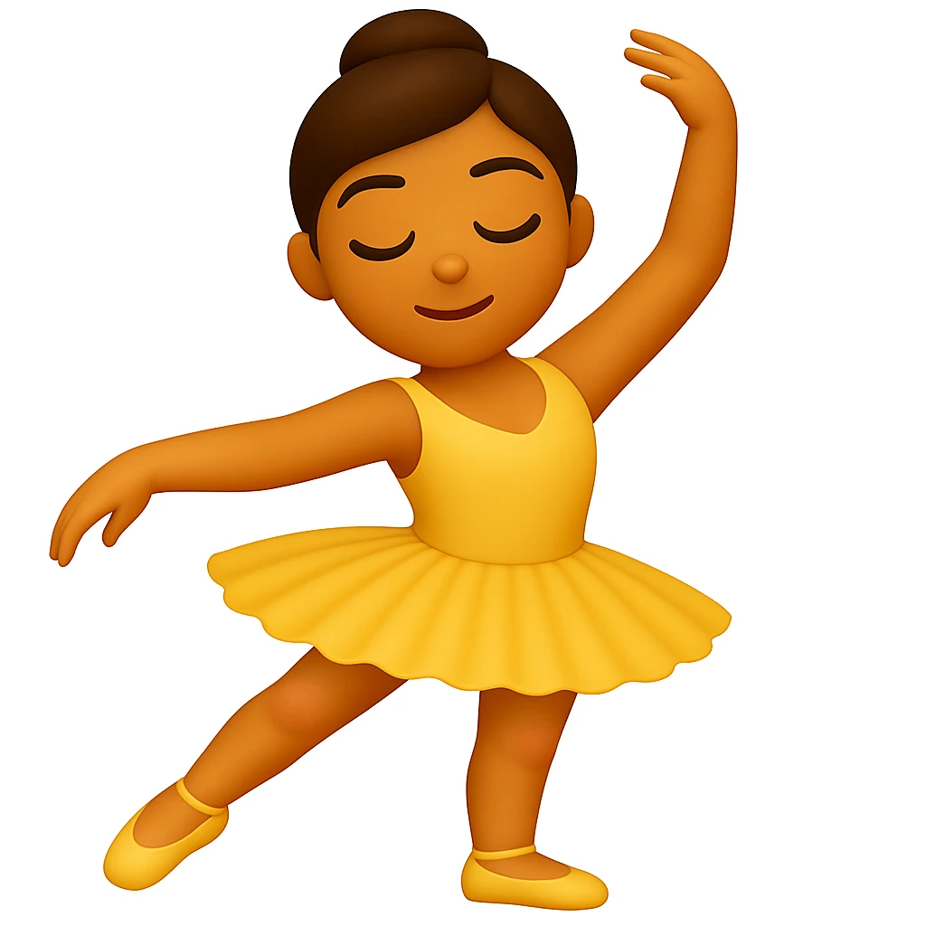 Keep the image just like the reference but show the ballerina's full legs in the style of iOS emoji. Same pose, yellow tutu, elegant, smooth, and shiny. Add a slight blush to the knees. emoji