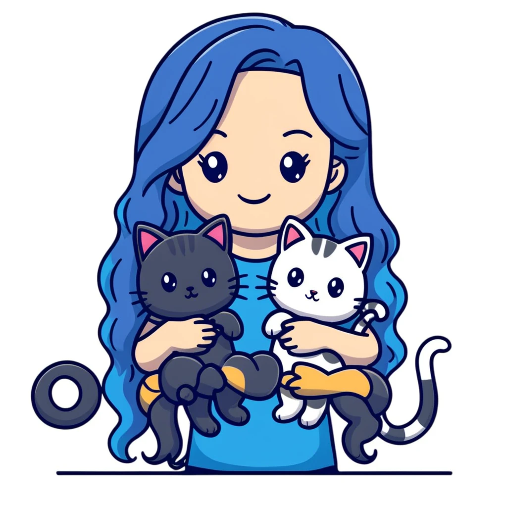 Girl with long wavy blue hair holding three cats, one black cat, one grey cat, and one grey-striped cat emoji