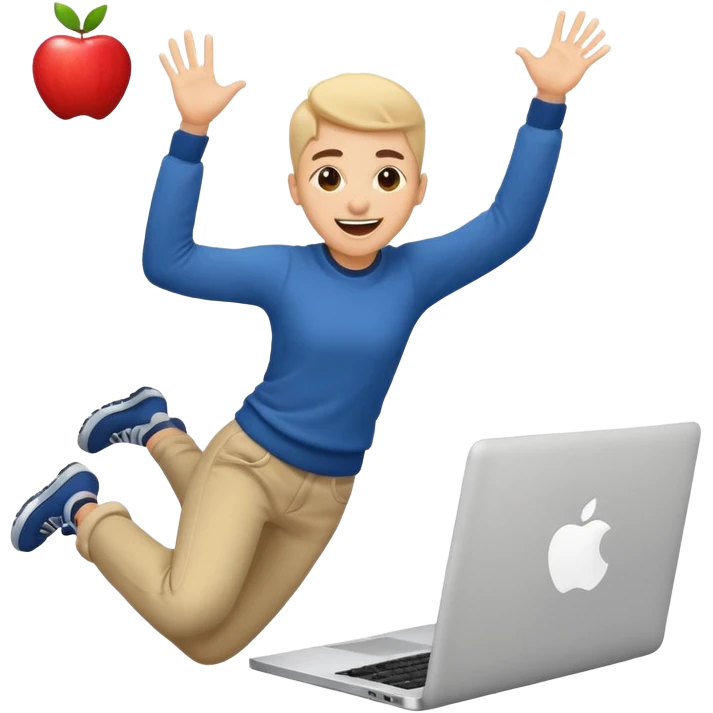 crazy student with laptop, jumping with excitement, apple style emoji emoji