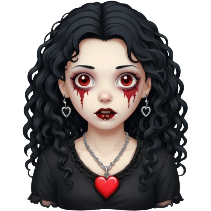 a zombie girl with a scar on her face, long curly hair, wearing a black blouse and a silver necklace with a heart pendant. emoji